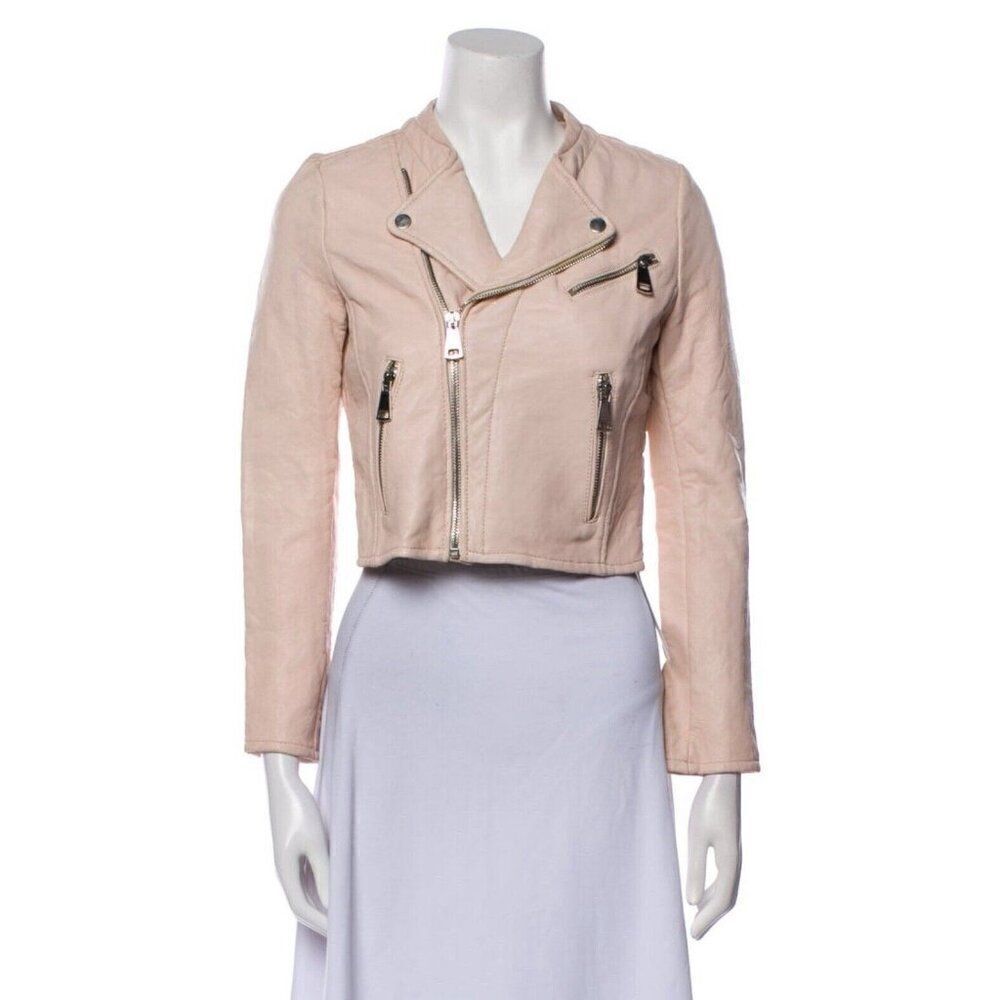 Maje New Authentic Long Sleeve Lamb Leather Biker Jacket Pink Ivory 36 Small